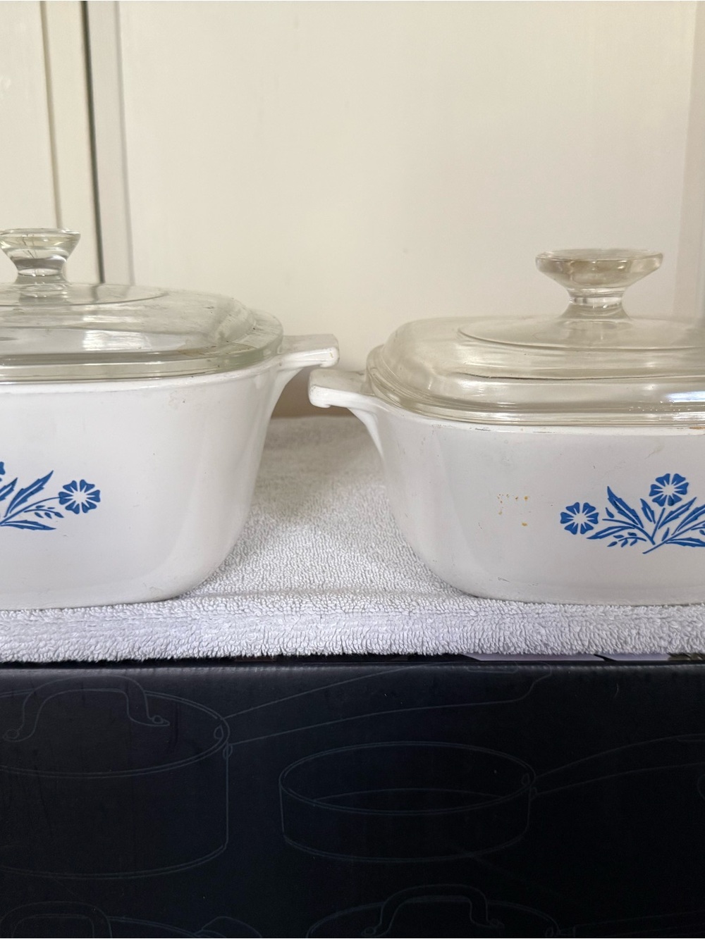Corningware White Casserole Dishes with Blue Corn Flower Motif